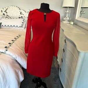 Valentine’s Day!! DKNY Vibrant Red Sheer Sleeve Dress 6